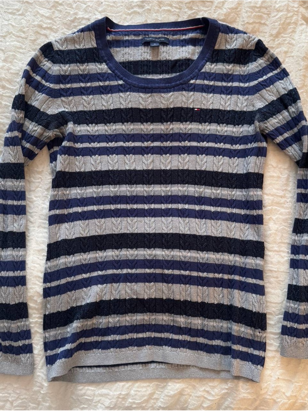 Tommy Hilfiger Navy and Gray Striped Cable-Knit Crewneck Sweater
